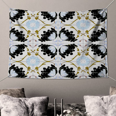 Tapisserie murale à motif floral noir et blanc - Décoration murale florale
