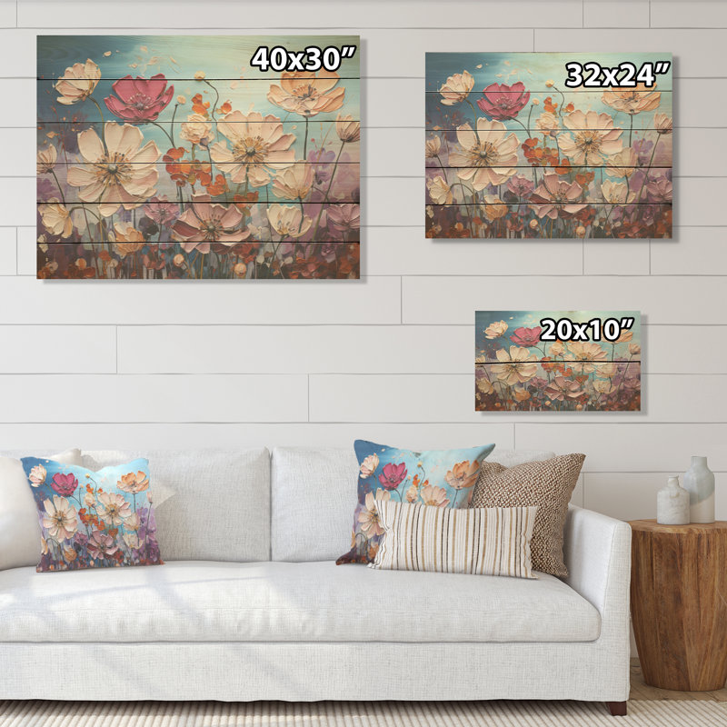 «White Morning Glory Flower Field I», art mural en bois sur fond de pin naturel, H 10 po x l 20 po