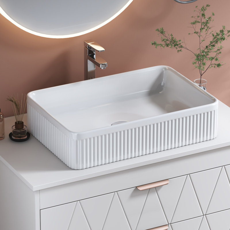Lavabo vasque de salle de bain rectangulaire blanc en céramique avec bonde