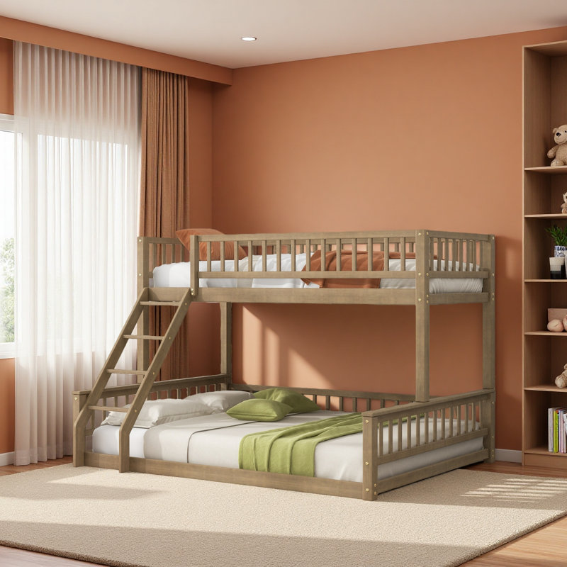 Twin XL Over Queen Bunk Bed With Ladder And Guardrails, Walnut