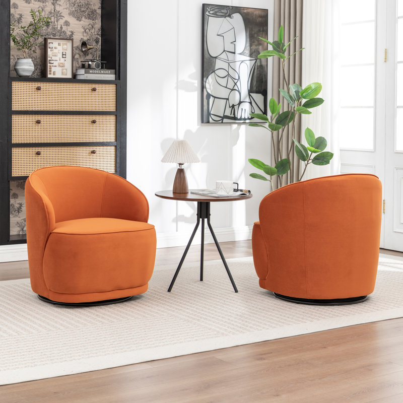 Stith Velvet Upholstered Swivel Barrel Chair, Orange Velvet