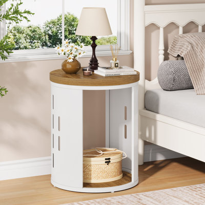 2-Tier Round End Table With Storage Shelf, Rustic Wood Top & White Metal Frame For Living Rooms And Small Spaces by George Oliver