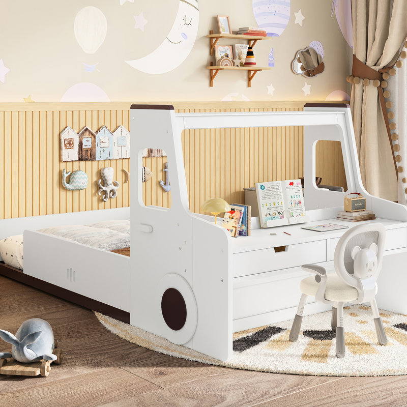 Lit de voiture blanc simple - multifonctionnel pour la salle de jeu en forme de voiture avec tiroirs de rangement, fenêtre et bureau