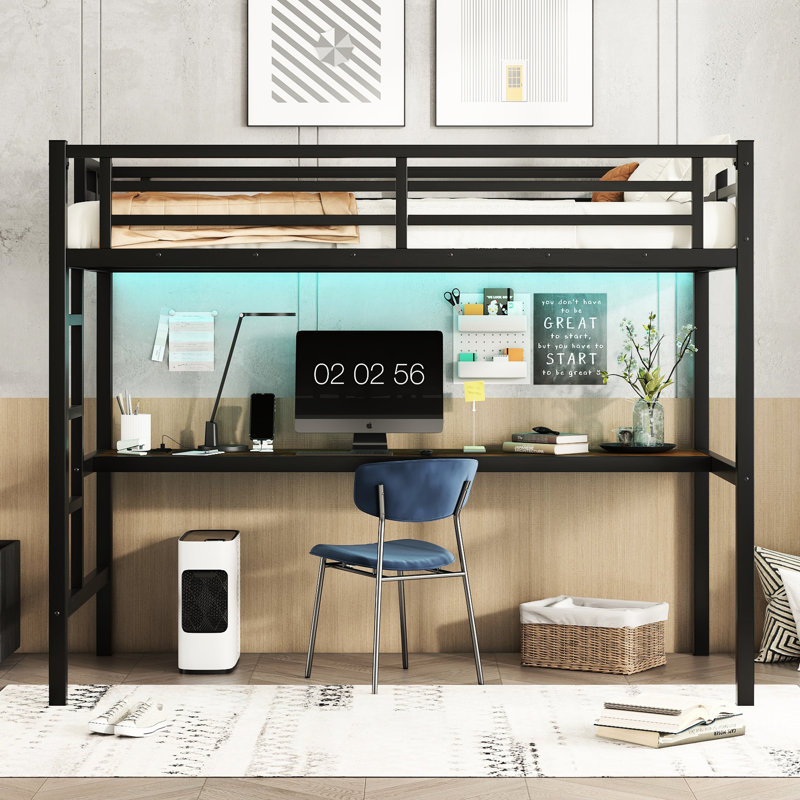 Black Metal Twin Xl Loft Bed With Led Lights & - Modern Bedroom Essential Desk, Power Gorgeous Display, Twin XL