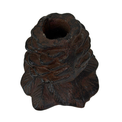 Rustic woodland pine cone taper candle holders in brown cast iron, set of 2, 3.5 inches high