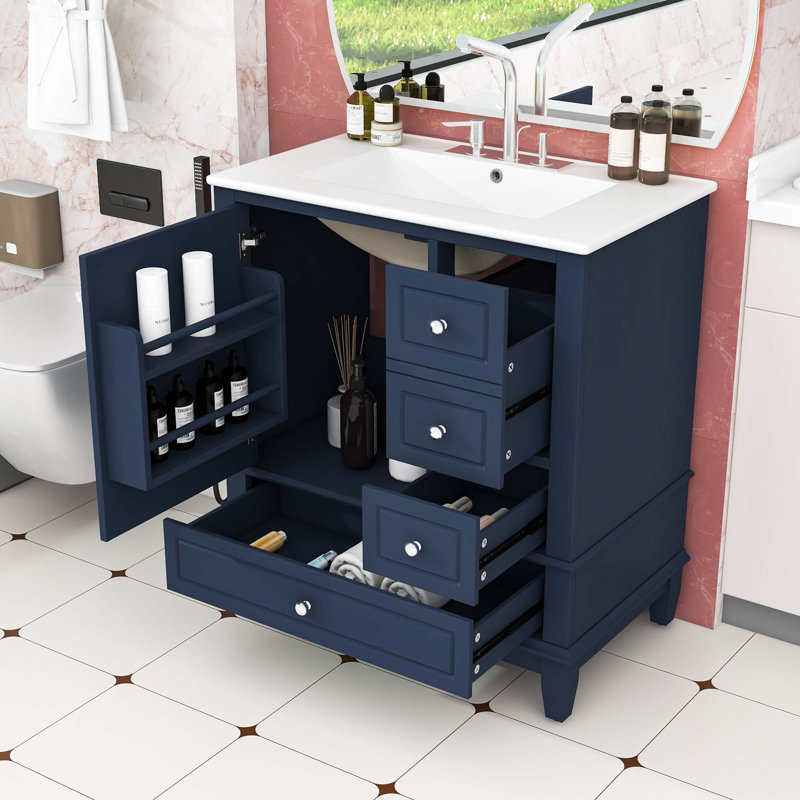 Meuble-lavabo avec lavabo, tablette et trois tiroirs, Bleu