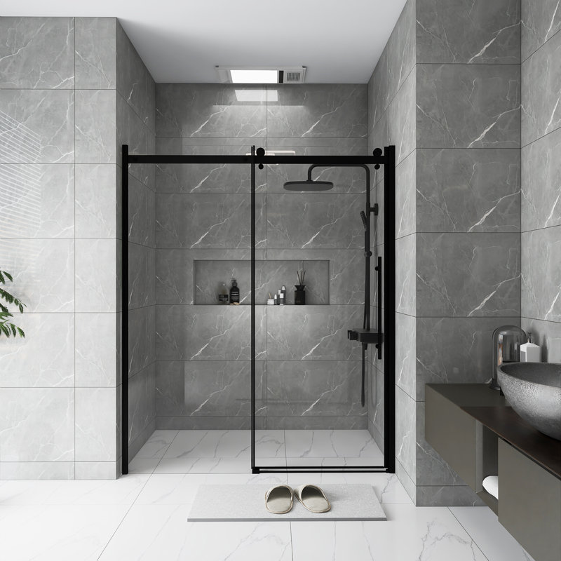 60 In.W X 72 In.H Frameless Single Sliding Shower Door | Reversible Installation | 1/4 Inch Thick  Transparent Tempered  Glass | Equipped With Zinc Roller  Track System, Stainless Steel Handle | Black
