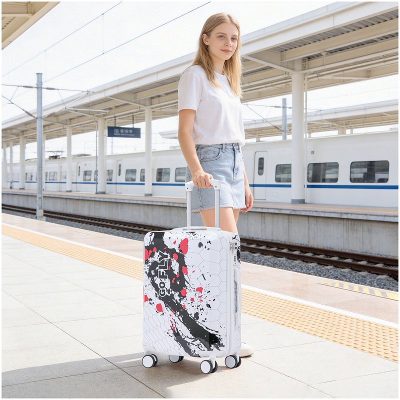 Valise à roulettes 20 pouces pour PC, valise de transport, avec motif imprimé et serrure à combinaison (noir), Noir