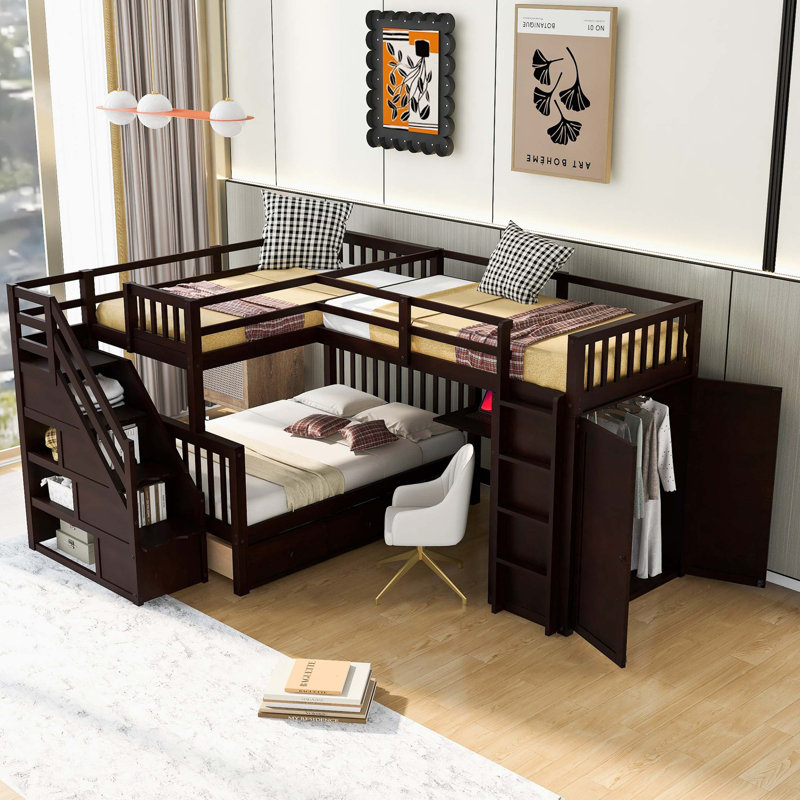 Lit superposé en L avec 3 tiroirs, bureau portable et garde-robe, Espresso