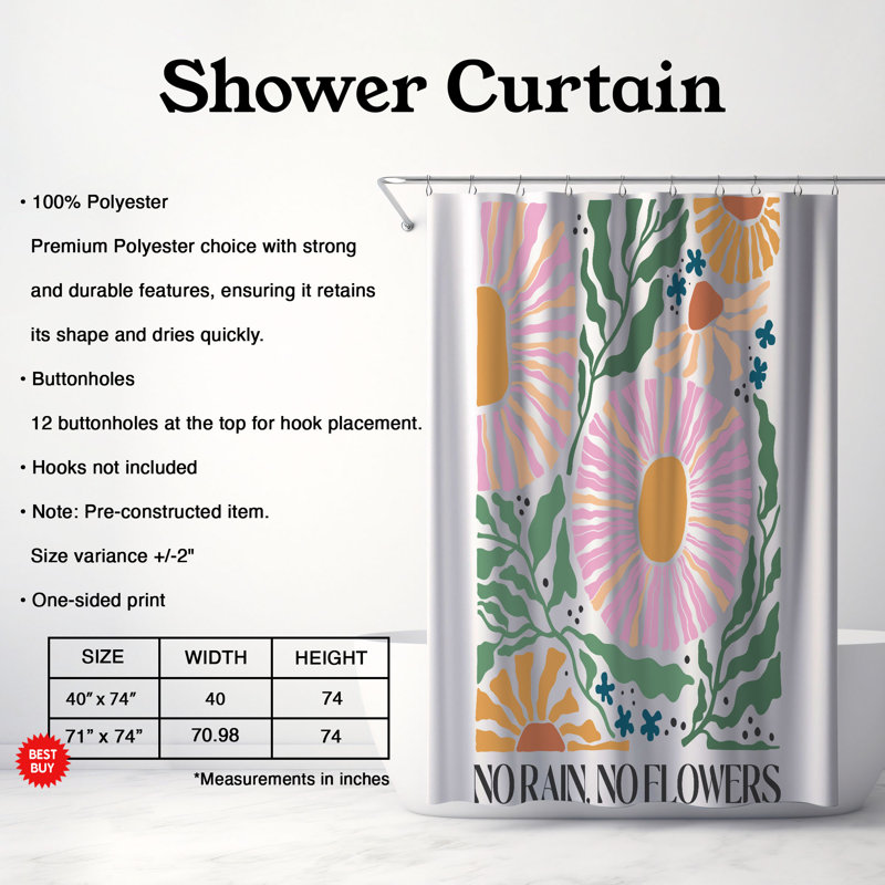 Rideau de douche 1 pièce Boho Bloom, H 74 po x l 71 po