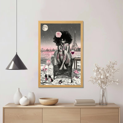 Afro Woman With Rose And Eiffel Tower Canvas Wrapped Wall Art Oil Painting Print Set Of 1