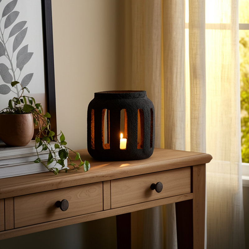 10" Round Lantern Hurricane With Open Slats, Black