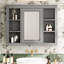 Armoire murale grise pour salle de bain avec miroir, 35 po x 27,5 po, rangement dissimulé, poignée rétro montée sur matériaux, nombreuses tablettes,-1878567478