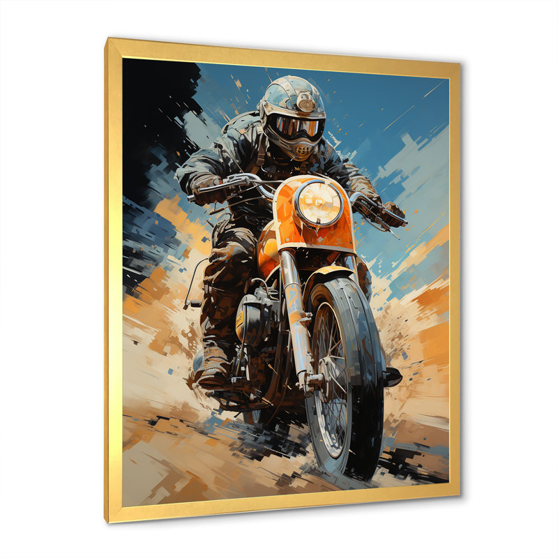 Vélo orange et bleu sur toile, Cadre doré simple, H 20 po x l 12 po x P 1 po