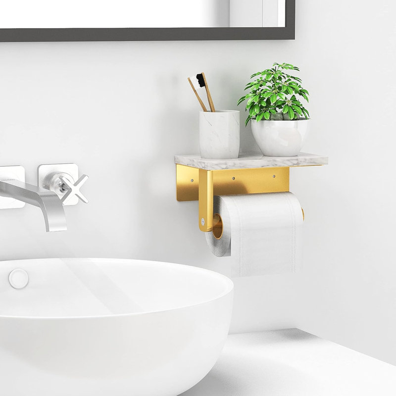  Toilet Paper Holder With Natural Marble Shelf,Wall Mounted,Polished Finish