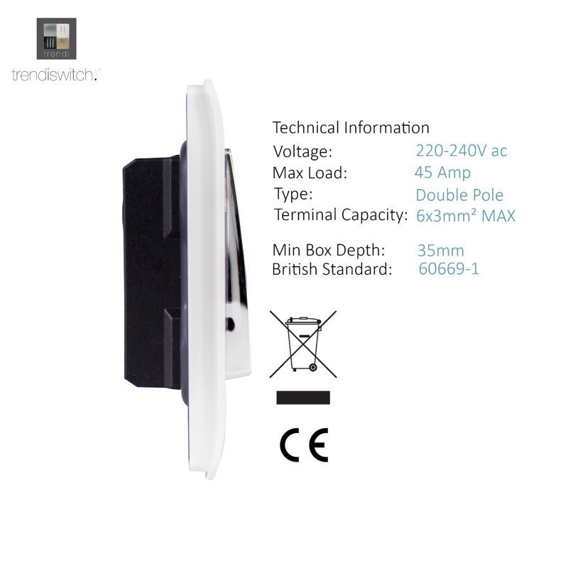 Trendi Switch 1 Gang 45 Amp Cooker Switch with Neon, Gloss White