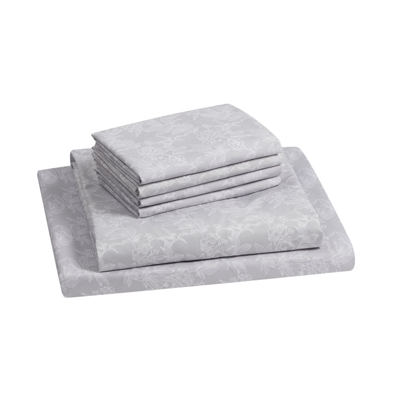Gray Floral 6-Piece Queen Polyester Microfiber Sheet Set