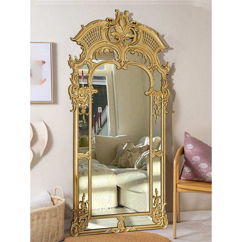 French-Style Carved Wooden Custom-Shaped Frame Full-Length Mirror, Gold, 78.74" H x 39.37" W