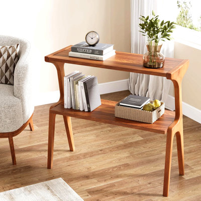 Mid Century Modern 27.56" Solid Wood End Table – Narrow Farmhouse Side Table With 2-Tier Storage Shelf, Stylish Nightstand & Couch Side Table In Cherr