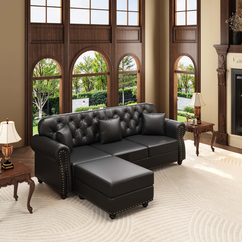 Canapé Chesterfield 82,6 po Mid-Century, Similicuir noir