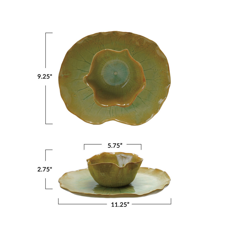 Assiette de nénuphar en grès avec glaçure craquelée réactive, vert