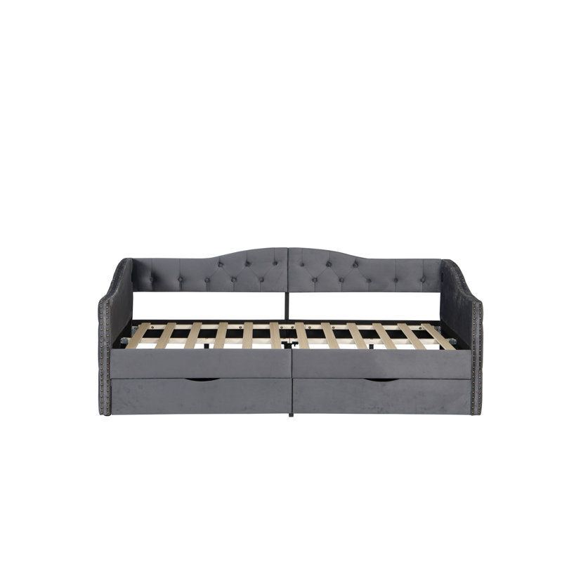 Grey Upholstered Daybed With Drawers - Twin Size, No Box Spring, Crafted From Wood Stylish Arms Size Velvet Upholstery And Storage Frame Stable Slats Elegant Design