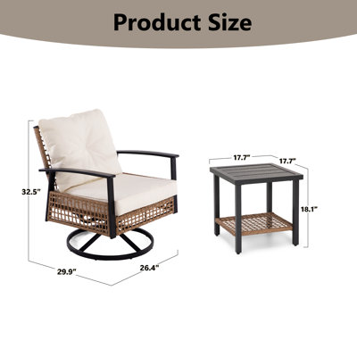 Chaise berçante pivotante en rotin 3 pièces avec table de bout beige 3 pièces