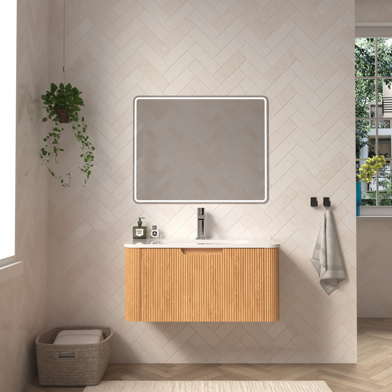Meuble-lavabo flottant simple 30 po avec lavabo, meuble-lavabo mural moderne avec tiroir à fermeture en douceur, noyer naturel