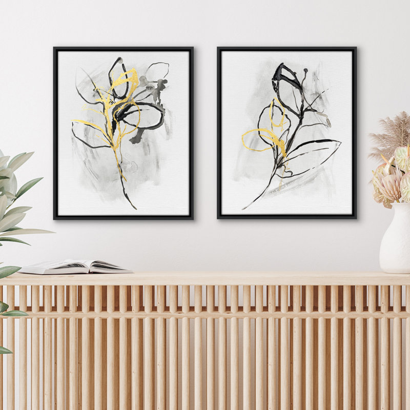 Art mural sur toile botanique 16 x 20 avec des lignes noires avec des accents peints à la main gris et feuille d'or - ensemble de 2 - art mural moderne
