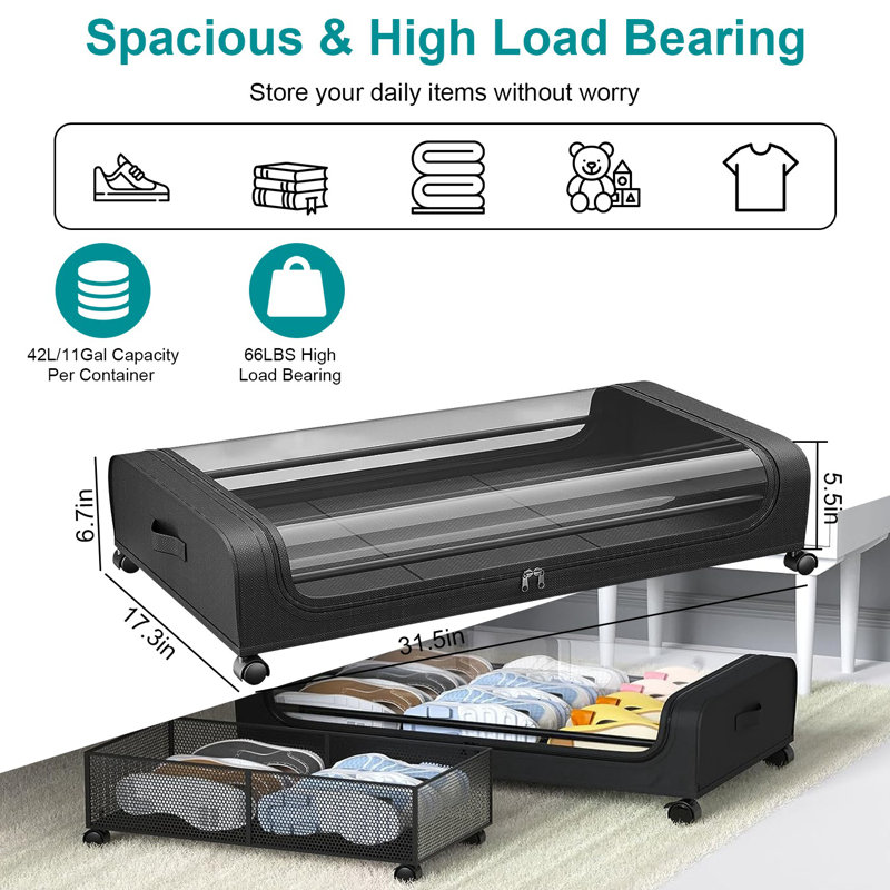 42L/44QT Under Bed Storage Under Bed Organizer with Wheels Clear Lid Strap Handles for Clothing Bedding Shoes Toys