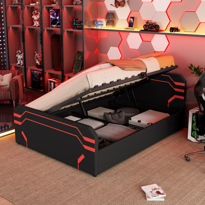 Queen Size Upholstered Gaming Platform Bed With Side-Lift Hydraulic Storage And Cyberpunk Pattern