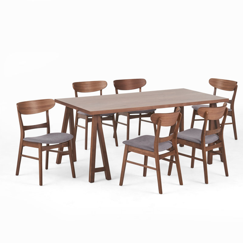 6 - Person Four Leg Dining Set, Walnut, Dark Gray
