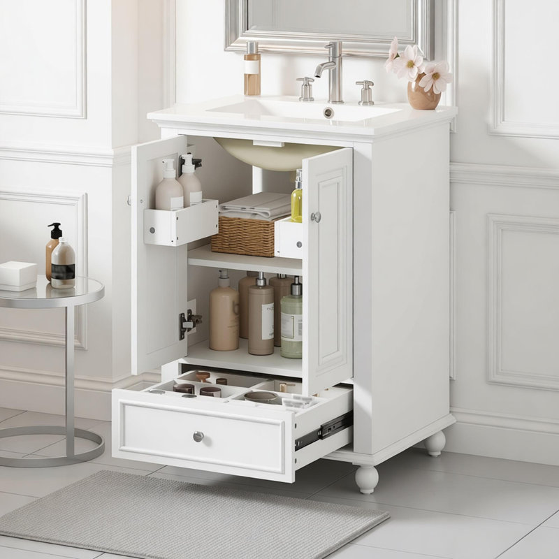 Meuble-lavabo de 24 po avec lavabo en céramique, armoire de rangement avec portes à fermeture douce, armoire de salle de bain avec tiroir et séparateurs de tiroir