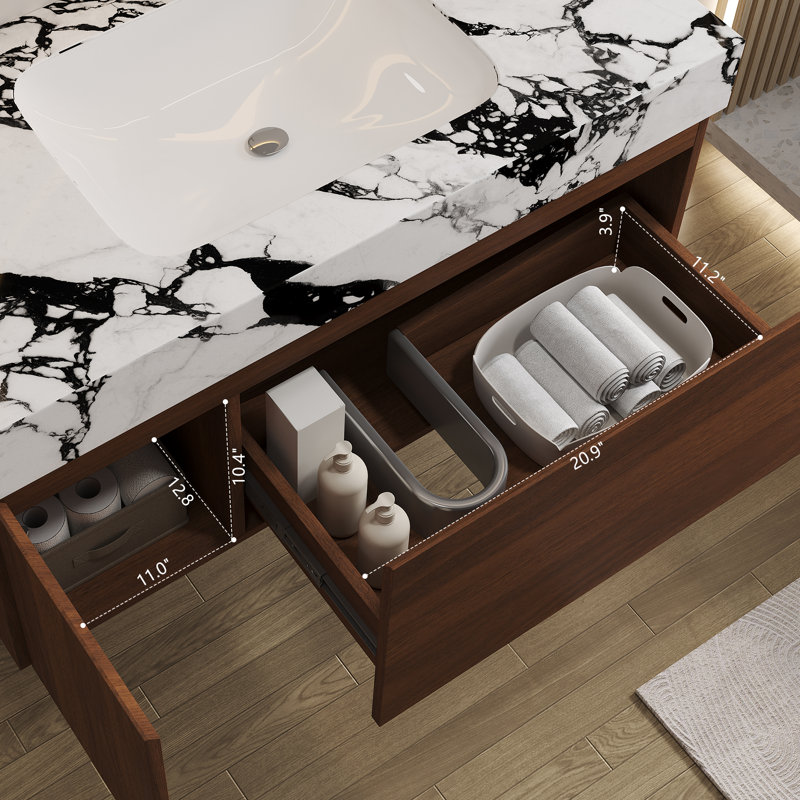 Meuble-lavabo suspendu contemporain Norelle 36 po en pierre frittée avec dessus en pierre frittée, lavabo en céramique et rangement à fermeture douce