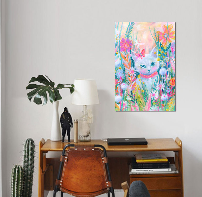 « jardin kitty », peinture sur toile tendue, H 40 po x l 26 po x P 1,5 po, Pas de tapis, Toile tendue