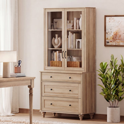 Corretta 5-Tier Bookcase with Glass Doors, Bookshelf with 3 Drawers, Oak