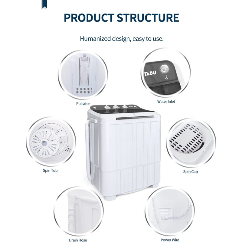 Portable Compact 2-in-1 Washer & Spin Dryer for Apartments/Small Spaces - Easy Knob Control, Space-Saving Design, Lightweight & Sleek Gray