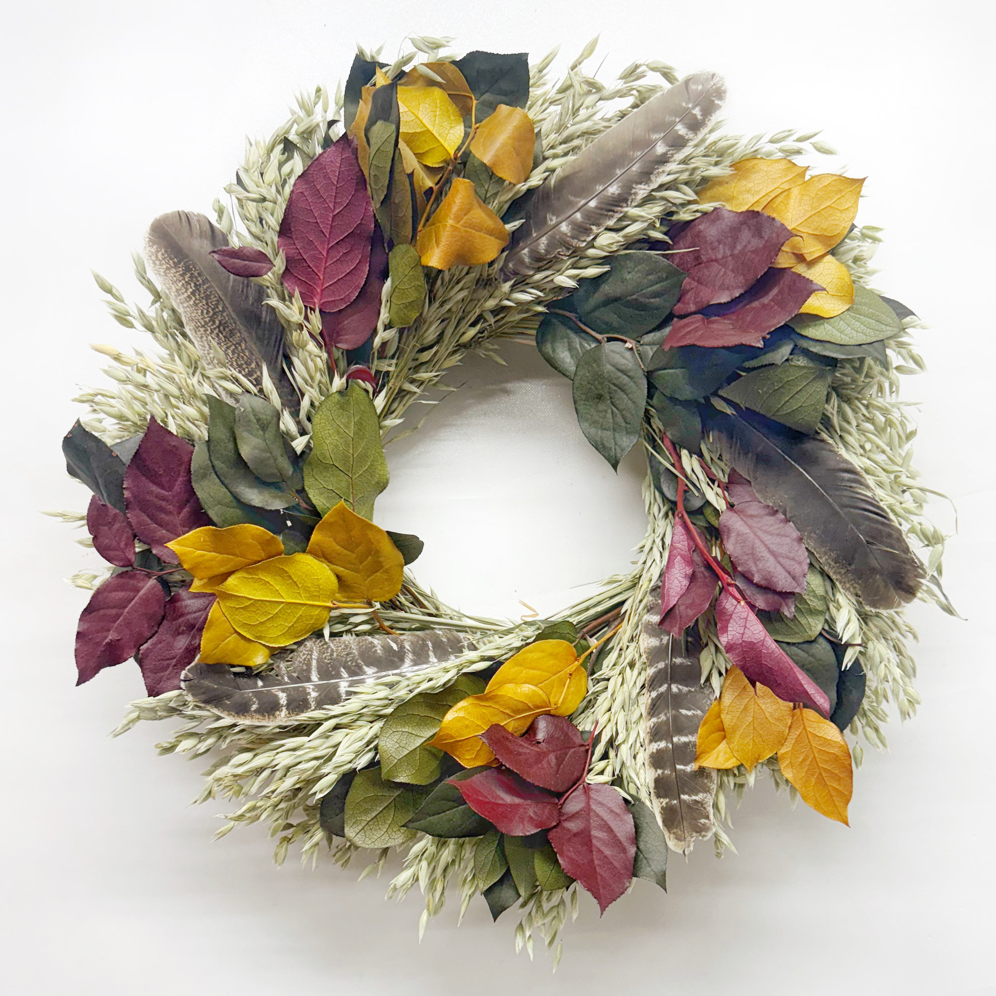 Natural Dried and Preserved Fall Leaves Wreath with Turkey Feathers, Green/Red/Yellow