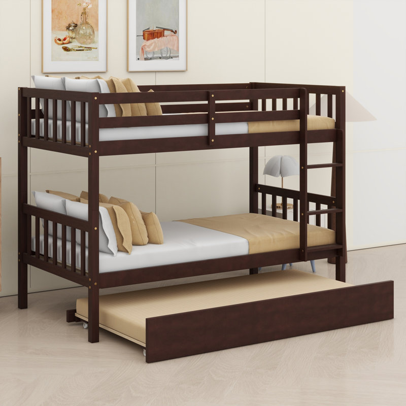 Space-Saving Wooden Bunk Bed With Trundle And Detachable Two Beds, Espresso