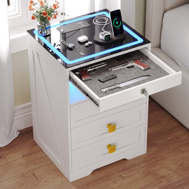 LED Nightstand with 3 Drawers, Glass Top, Wireless Charging & Sensor Light, White