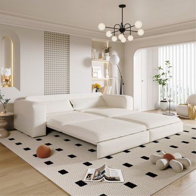 93" King Size Sleeper Sofa Bed, Pull Out Sofa Bed, 3 In 1 Convertible Sleeper Sofa, Chaise Lounge,3 Seat Teddy Couch With 2 Lumbar Pillows For Living Room,Office