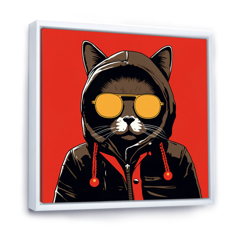 Chat froid avec lunettes de soleil - imprimé, H 30 po x l 30 po x P 1 po, Cadre flottant blanc