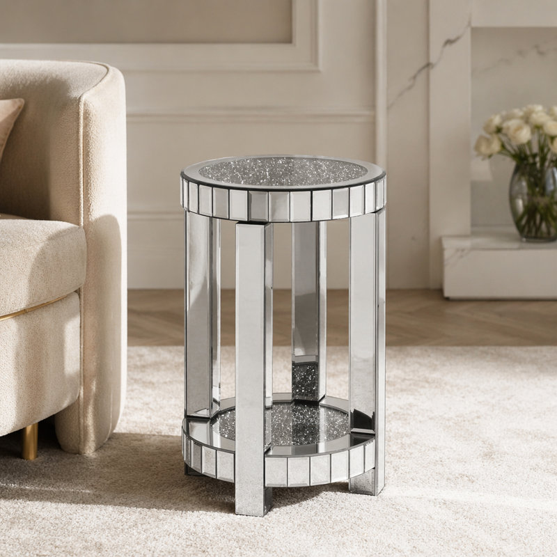 Table ronde en miroir avec incrustation de cristal, petit canapé moderne à 2 couches avec espace de rangement, table décorative argentée convenant au salon, à la chambre à coucher, au café et aux petits espaces