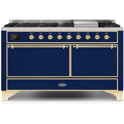 ILVE UM15FDQNS3BKCLP Majestic II 60 inch Dual Fuel Range with 9 Burners, Griddle (Liquid Propane, Solid Door, Glossy Black, Chrome)