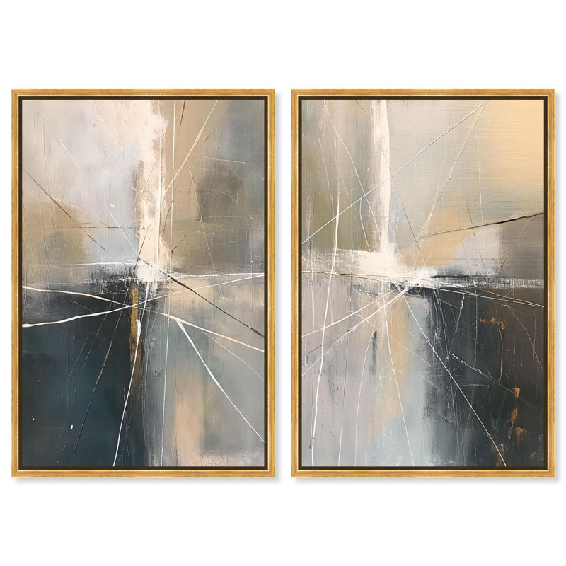 Contemporary Abstract Diptych Canvas Print Gold Boho Wall Decor Set by Art Remedy, White Frame, 36 x 54, 37" H x 25" W