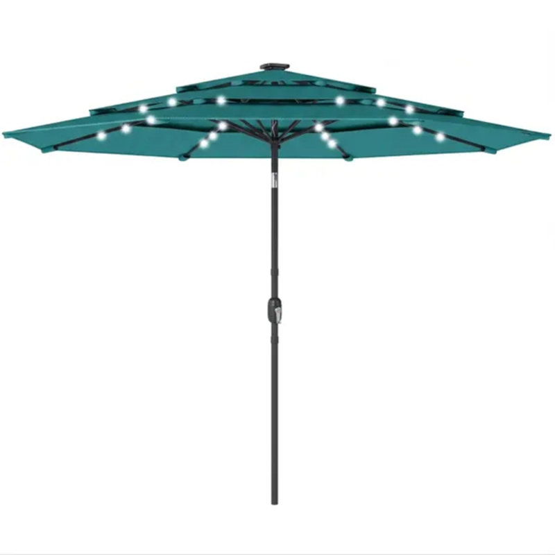 Parasol de terrasse bleu sarcelle à DEL solaires avec toile inclinable et manivelle