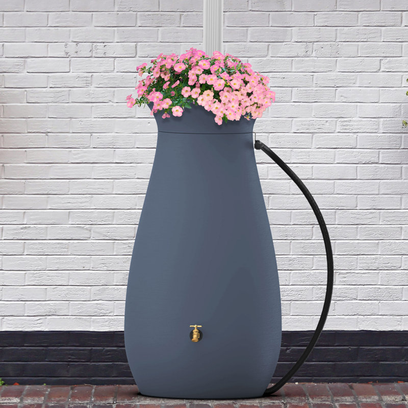 Baril d'eau de pluie en plastique 65 gallons avec plateau à fleurs, Gris ardoise