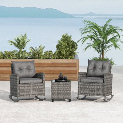 3 PCS Patio Wicker Rocking Set with Tempered Glass Table & Soft Cushions Outdoor