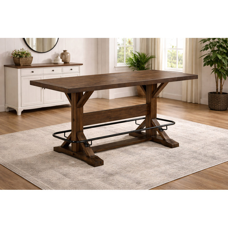 Malone Industrial Bar Height Dining Table – 42" · Acacia Veneer · Trestle Base · Seats 6, 42"H x 32"L x 78"W