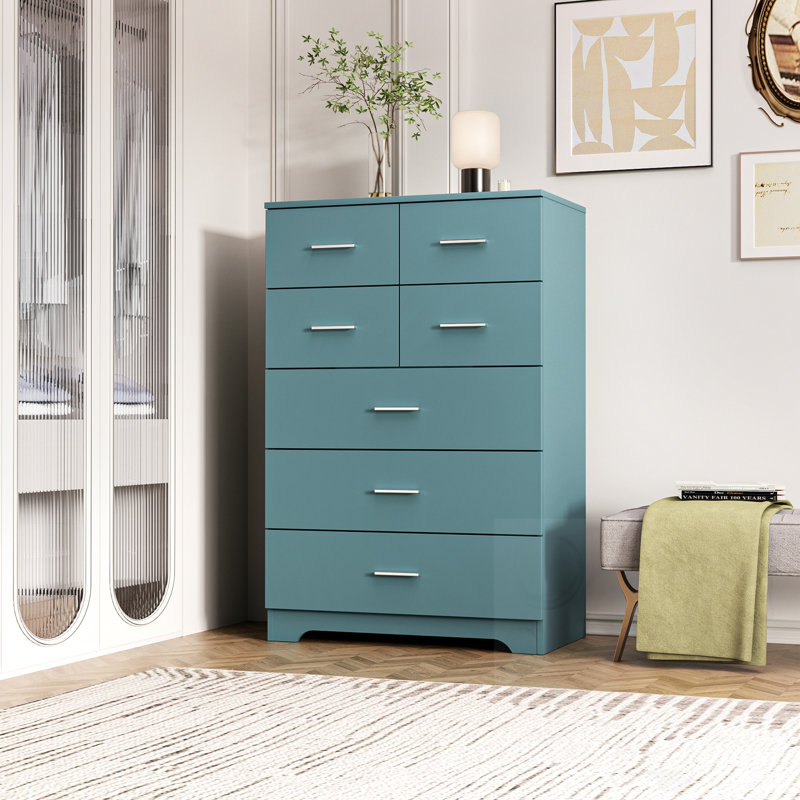 Armoire en bois à 7 tiroirs avec prise de courant intégrée, Vert clair